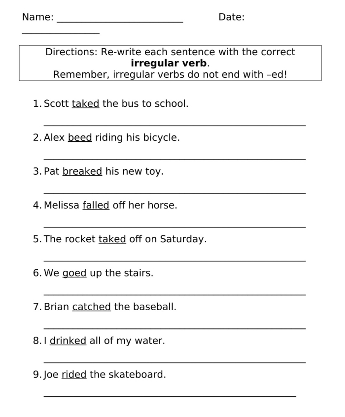 Second grade grammar worksheet showing irregular plural nouns and verb forms with tooth, teeth, baby, and babies examples