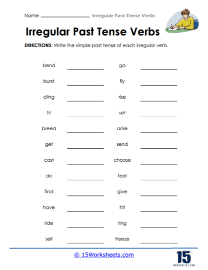 Third grade students practicing irregular past-tense verbs on a seventh worksheet