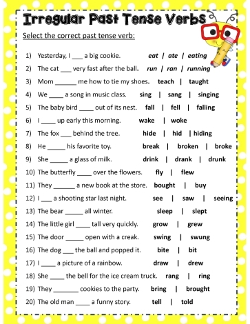 Engaging activity to help students transform present tense verbs into their irregular past forms Colorful worksheet featuring a word search for irregular past tense verbs aimed at second graders