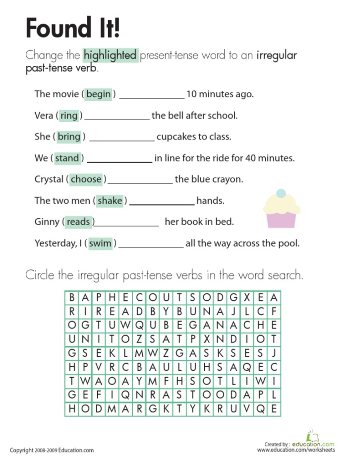Worksheet featuring irregular past-tense verbs for third graders