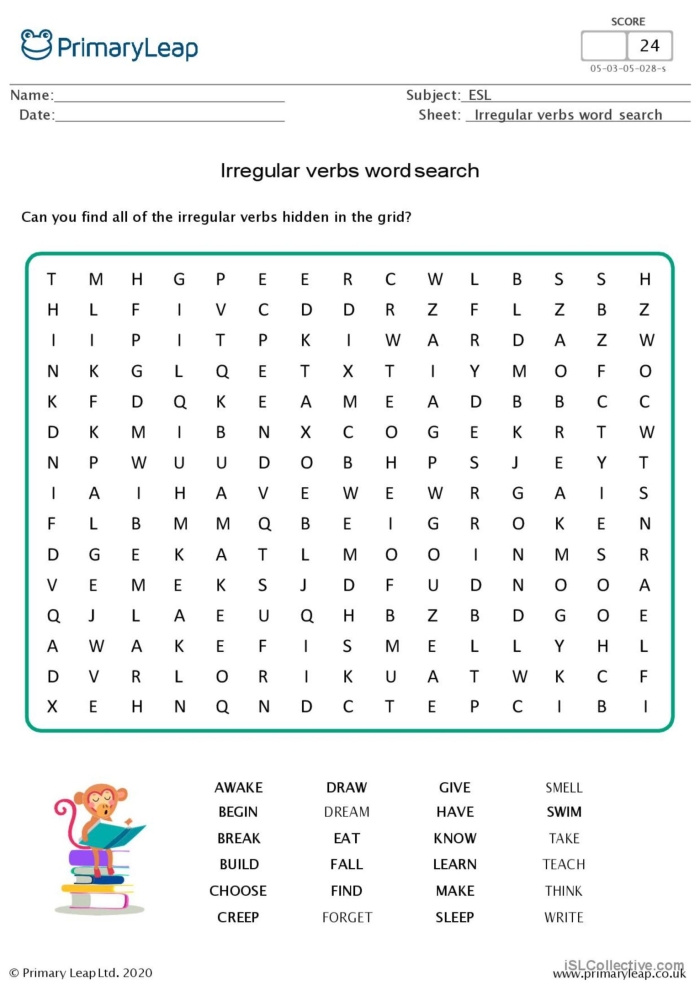 Reading worksheet for Second Grade Students engaged in a word search activity focusing on irregular past tense verbs. Irregular Past Tense Verbs: Word Search Worksheet for Second Grade.