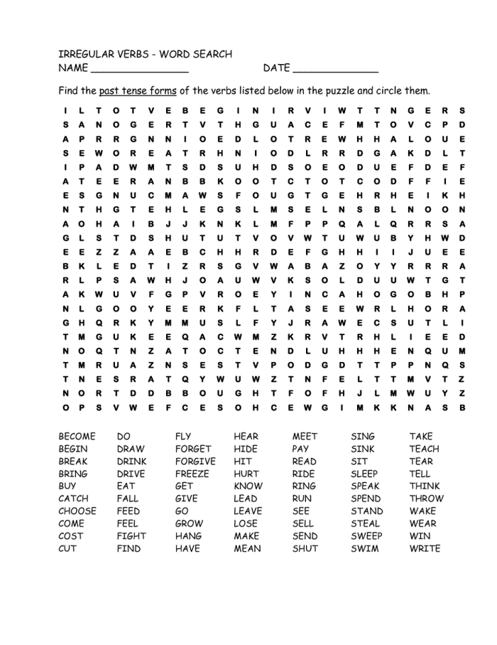 Engaging activity for students to practice changing present verbs into their past forms Worksheet featuring a word search for second graders on irregular past tense verbs