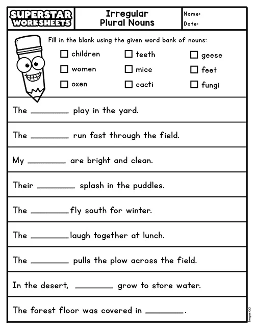 Practice matching singular nouns with their irregular plural forms in this engaging activity Irregular plural noun match worksheet for second graders to enhance their understanding