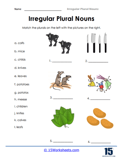 Irregular Plural Noun Match activity sheet for practicing noun forms Worksheet featuring irregular plural nouns for second graders to match with their corresponding forms