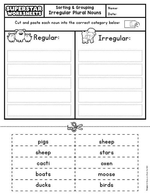 Worksheet image for practicing matching regular nouns with their irregular plural forms Irregular plural noun match worksheet for second graders featuring engaging exercises