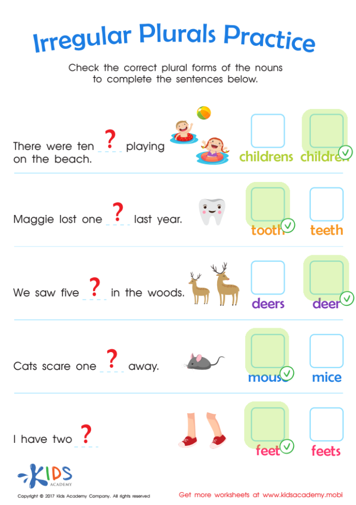 Irregular Plurals: Plural Practice 1 Worksheet - Image 15 A colorful worksheet featuring images for practicing irregular plurals for second graders