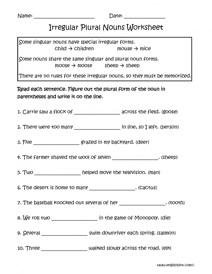 Second grade grammar worksheet featuring practice exercises for irregular plural nouns and verb spellings