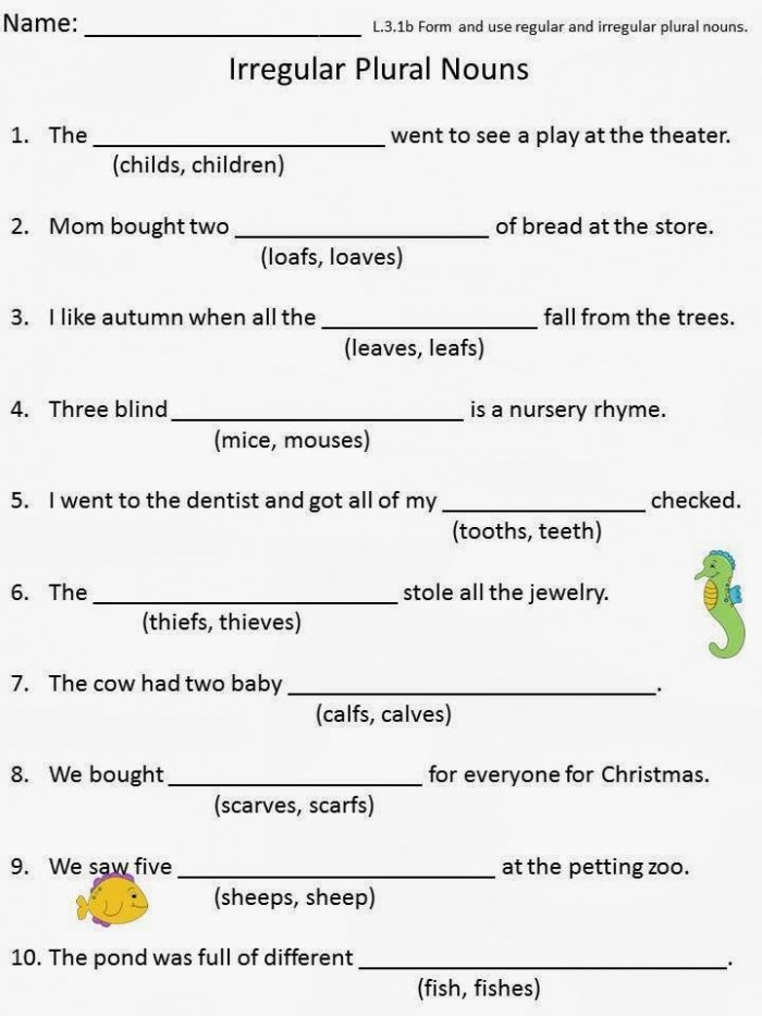 Second grade grammar worksheet showing irregular plural nouns and verb forms with tooth, teeth, baby and babies examples