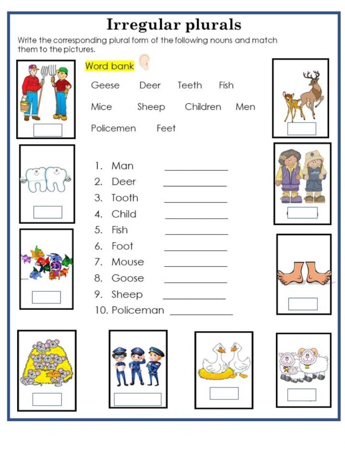 Second grade grammar worksheet featuring practice exercises for irregular plural nouns and verb forms