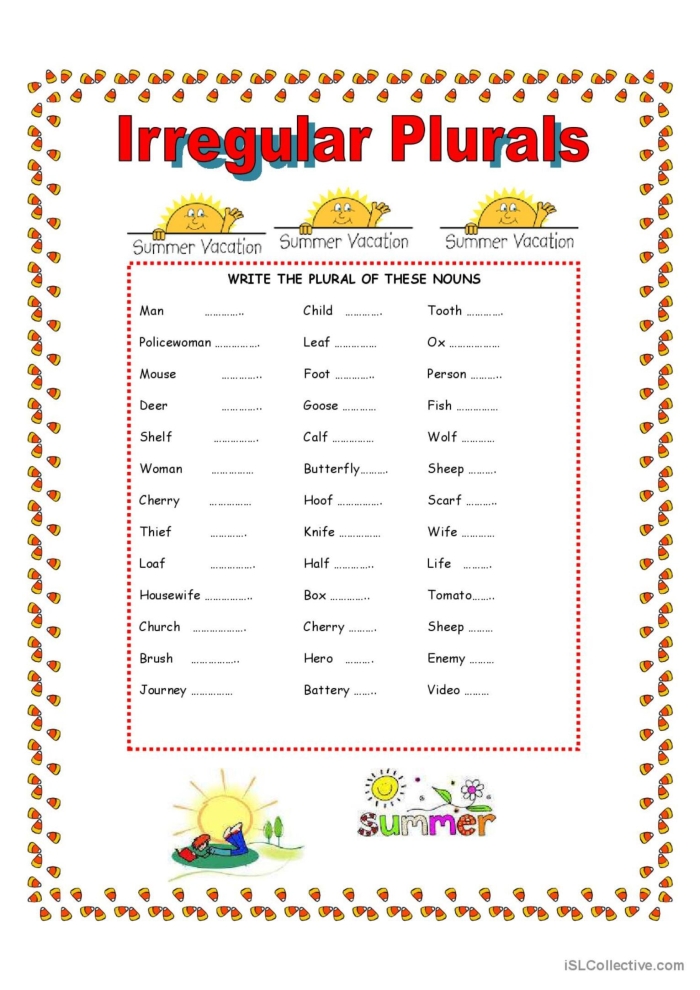 Irregular Plurals: Plural Practice 1 Worksheet Image 24 Worksheet featuring irregular plural nouns with corresponding images for second graders