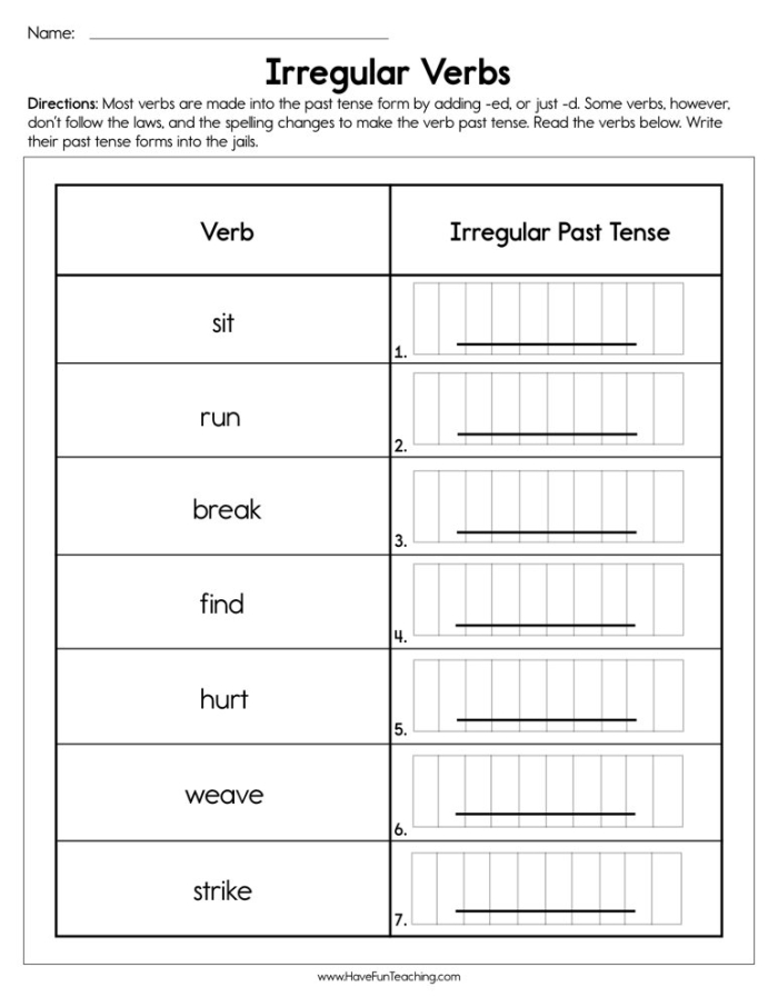 Third grade students practicing irregular past-tense verb conjugation on an engaging worksheet
