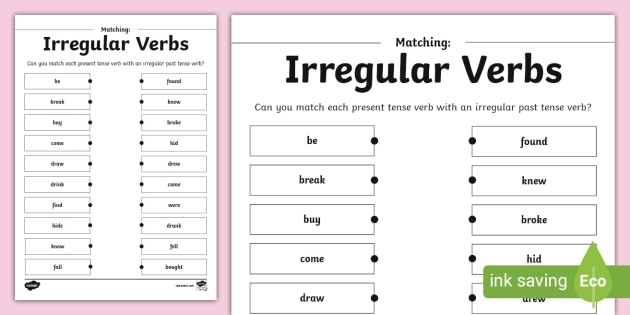 Second grade student completing an Irregular Verb Match worksheet to practice past tense grammar