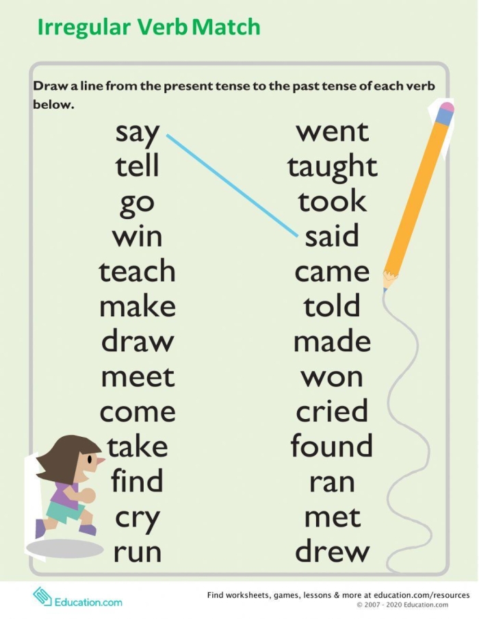 Irregular Verb Match worksheet for second graders focusing on verb tense connections