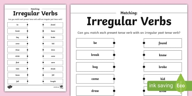 Second grade students using an Irregular Verb Match worksheet to connect present and past tense words