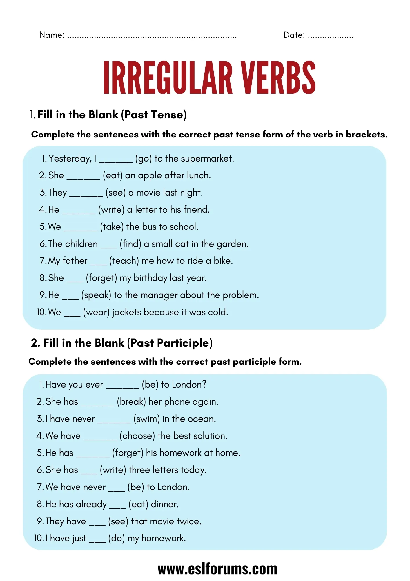 Irregular Verb Match worksheet for second graders to practice past tense verbs