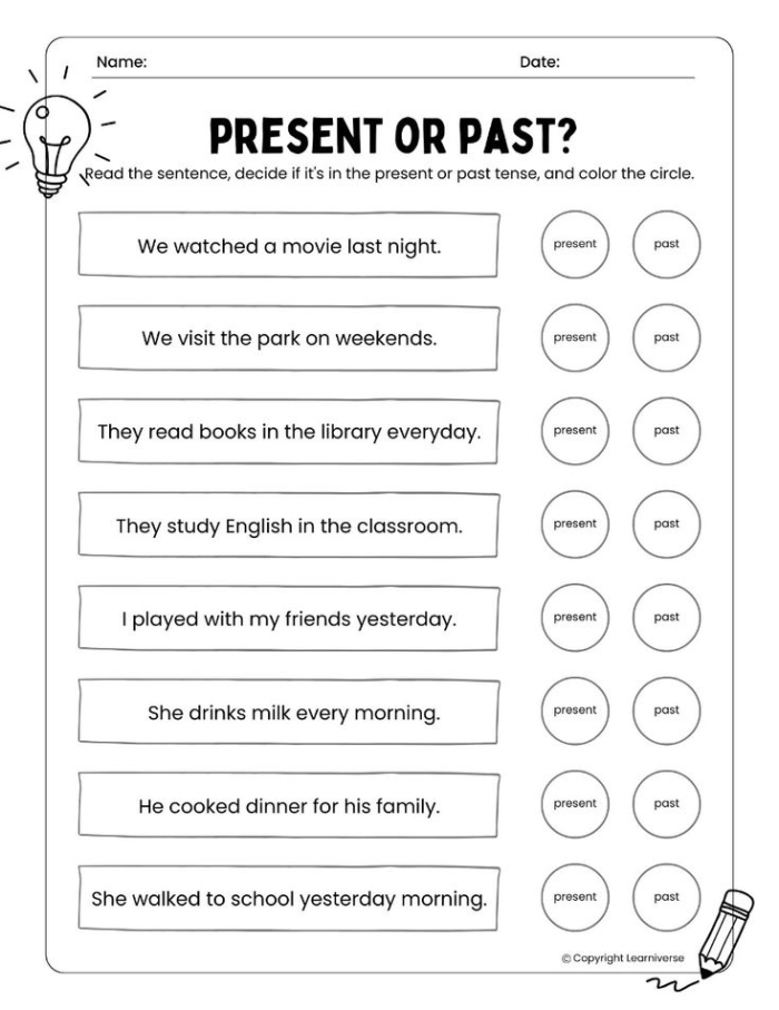 Irregular Past Tense Verbs Grammar Worksheet for Grade 2 Second grade students filling in blank spaces on a worksheet to practice converting present tense verbs to irregular past tense forms.