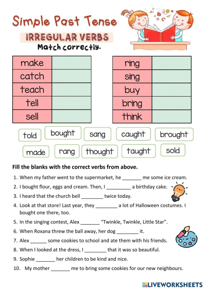 Worksheet focused on practicing irregular past-tense verbs for third graders