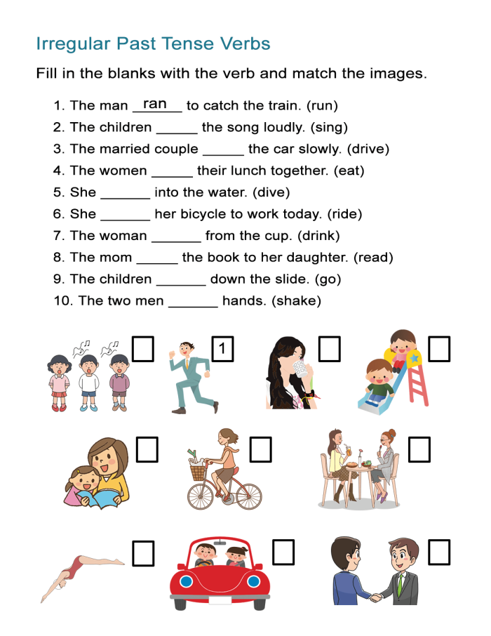 End-of-year activity for evaluating students' understanding of irregular past tense verbs Irregular Past Tense Verbs Check-in worksheet for second graders to assess their skills