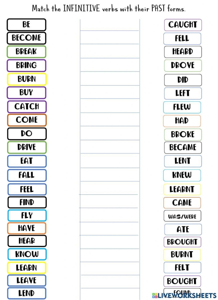 Second grade students completing an irregular verb match activity worksheet with past tense words