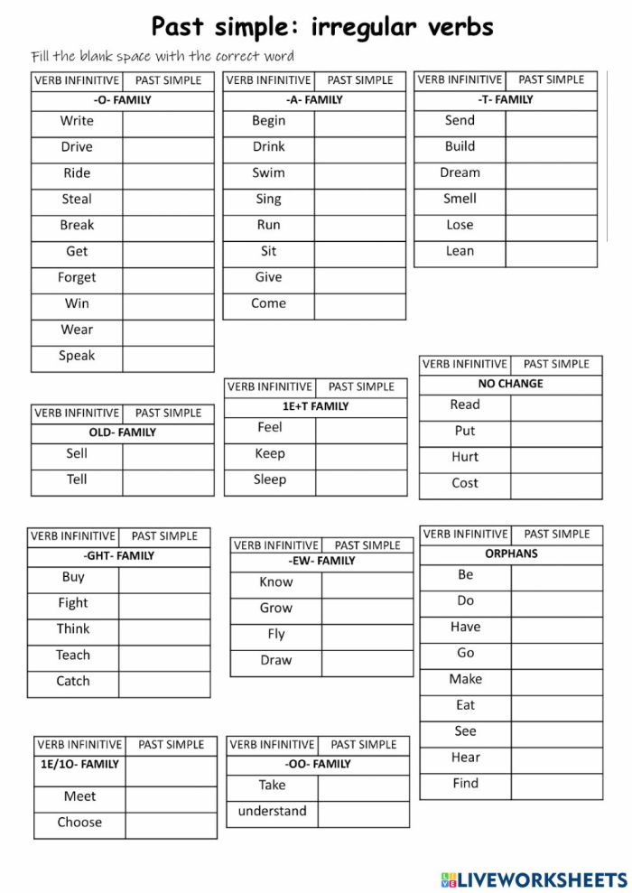 End-of-year activity to evaluate mastery of tricky irregular past tense verbs Irregular past tense verbs check-in worksheet for second graders to assess their understanding