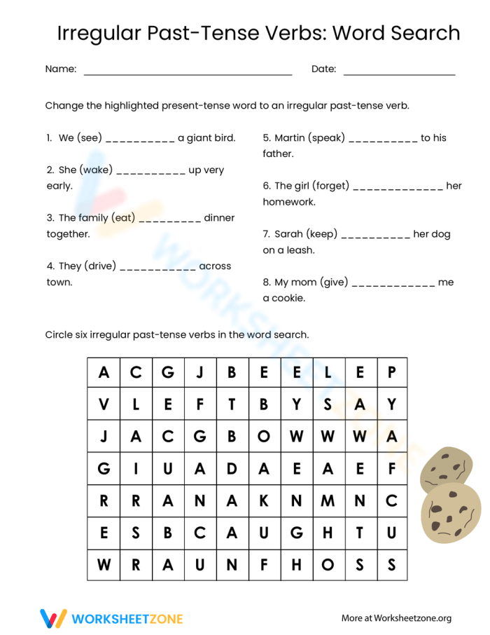 Engaging activity sheet for transforming present tense verbs into their past forms Worksheet featuring a word search for irregular past tense verbs aimed at second graders