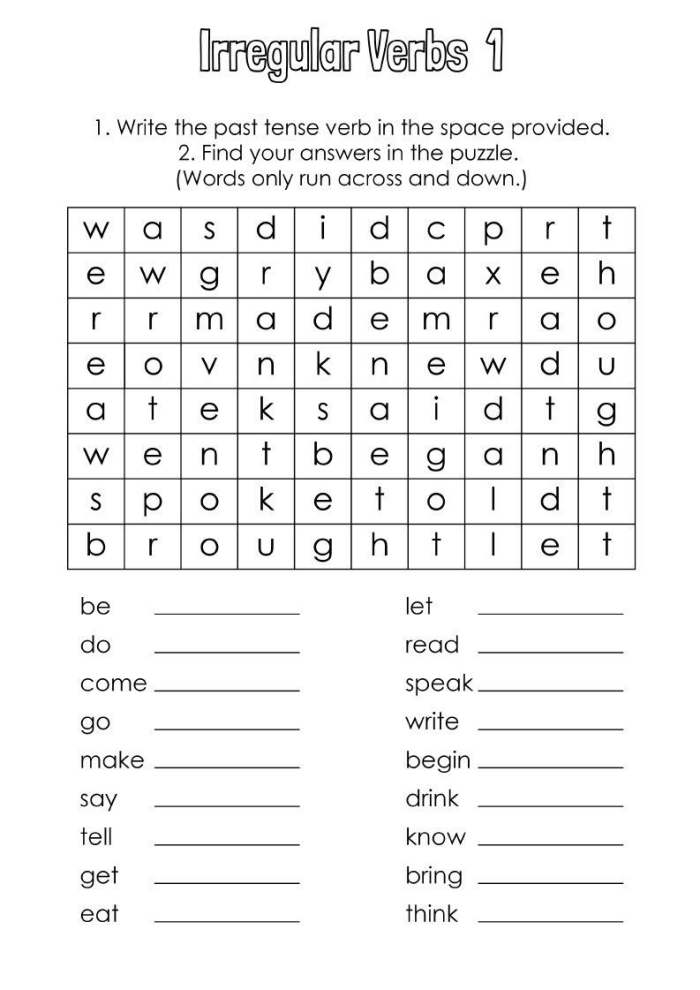 Engaging activity for mastering past tense verb forms Irregular past tense verbs word search worksheet for second graders