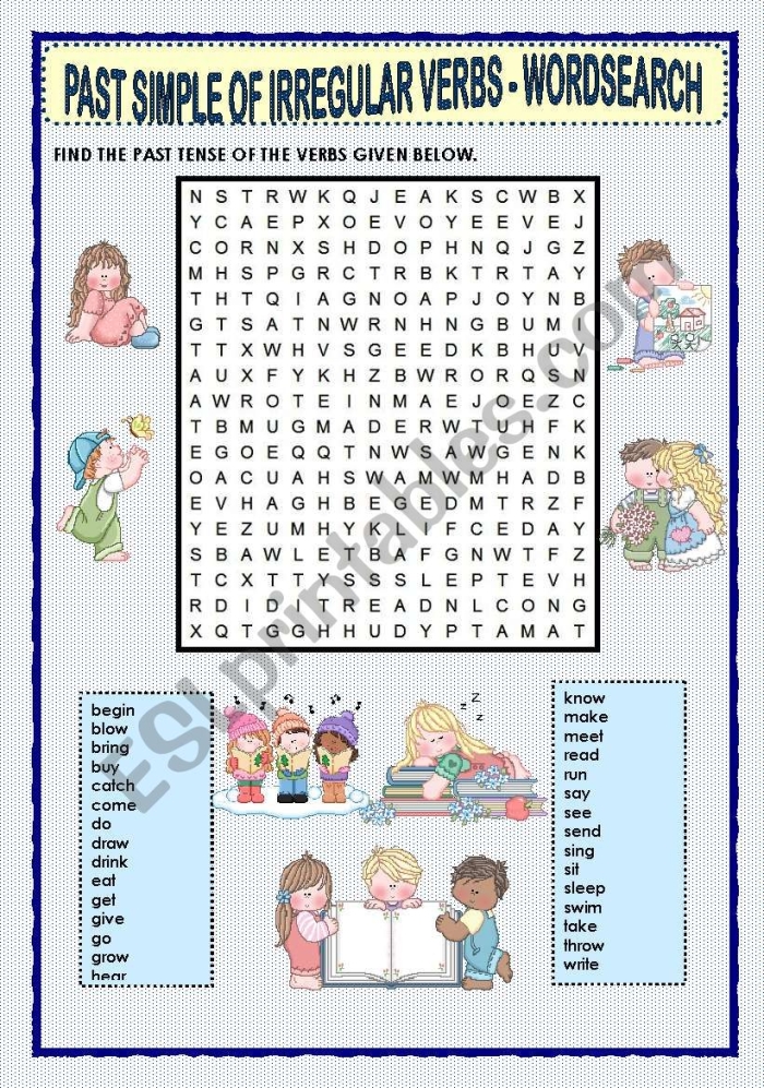 Engaging activity to practice converting present tense verbs to irregular past tense Irregular past tense verbs word search worksheet for second graders