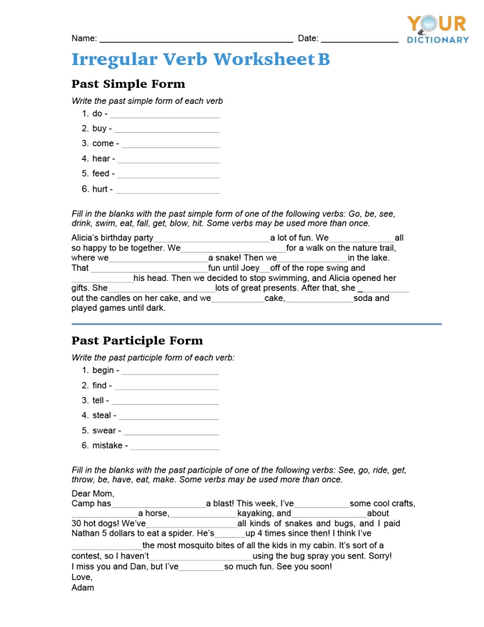 Irregular verbs worksheet for third graders featuring exercises to enhance grammar skills