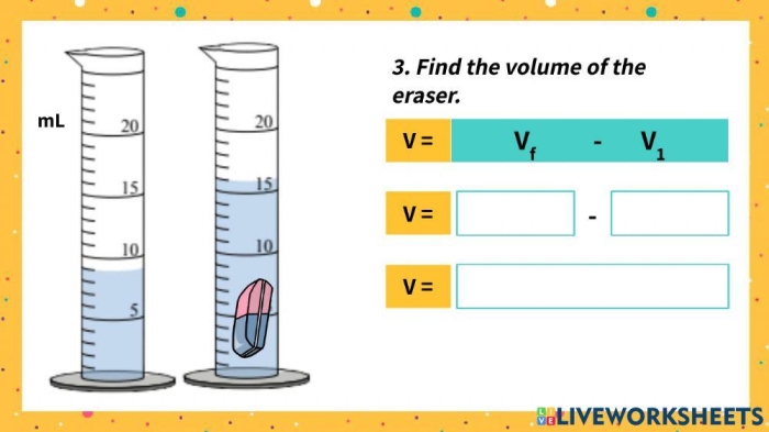 Worksheet illustrating the calculation of volume for irregular shapes in fifth grade mathematics