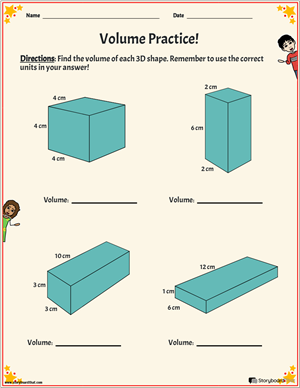 Fifth grade math worksheet showing examples of calculating the volume of irregular shapes composed of rectangular prisms