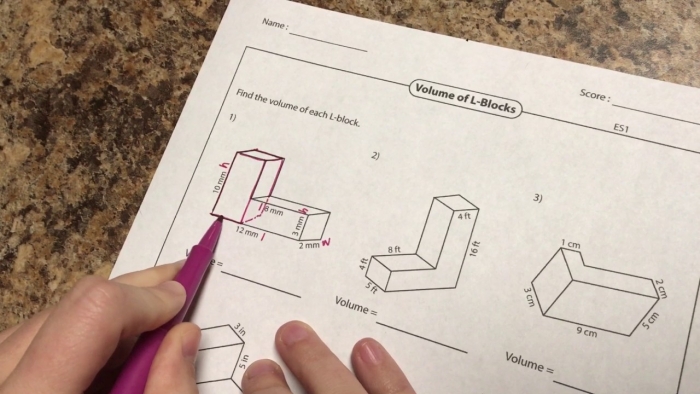 Worksheet for calculating the volume of irregular shapes for fifth-grade students