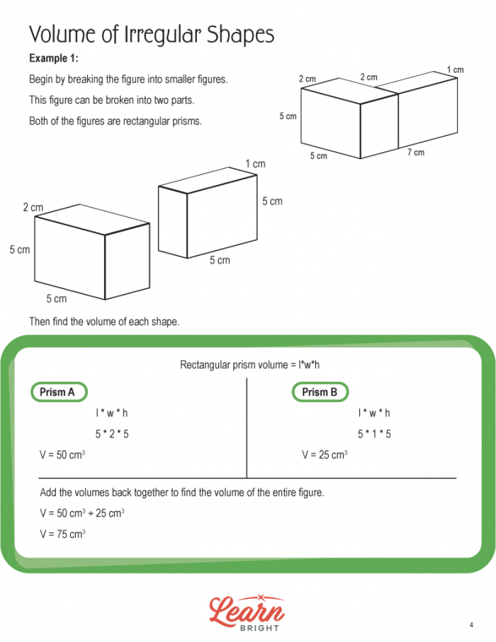 Worksheet illustrating volume calculations for irregular shapes in fifth-grade math