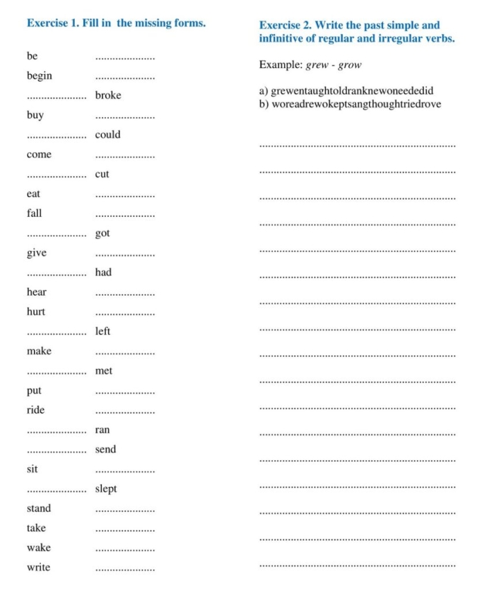 Second grade worksheet focused on identifying and writing irregular plural nouns and verb forms
