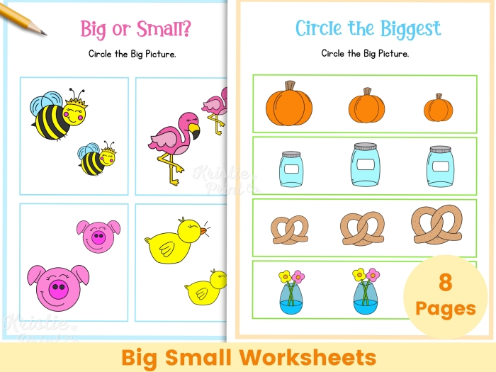 Worksheet featuring various items to help children identify big and small objects. Is It Big or Small? worksheet for Pre-K students.