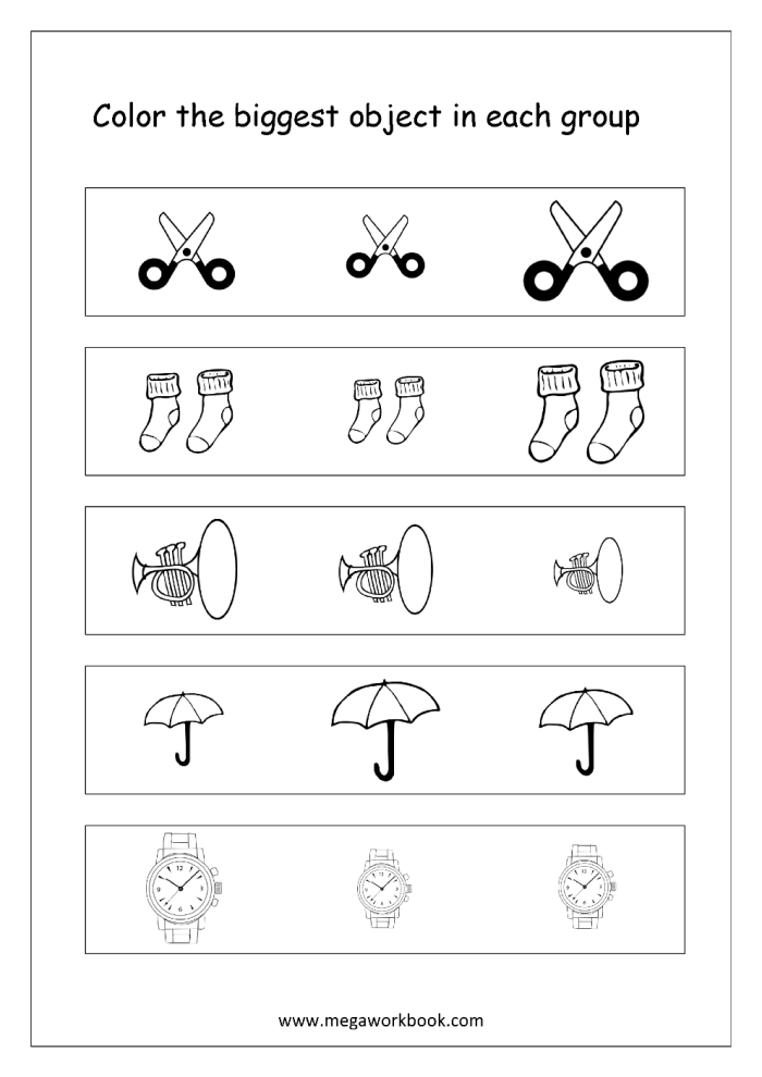 A colorful worksheet featuring various items for children to identify as big or small. Is It Big or Small? worksheet for Pre-K students, image 12.