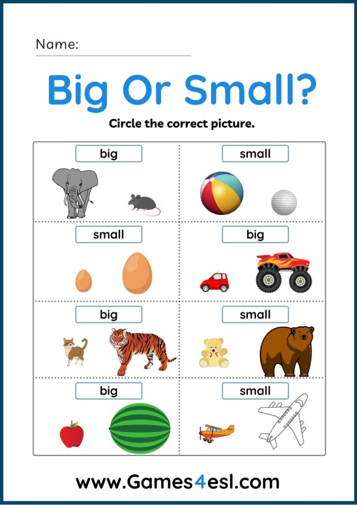 Worksheet image for "Is It Big or Small?" activity focusing on mixed operations for Pre-K children
