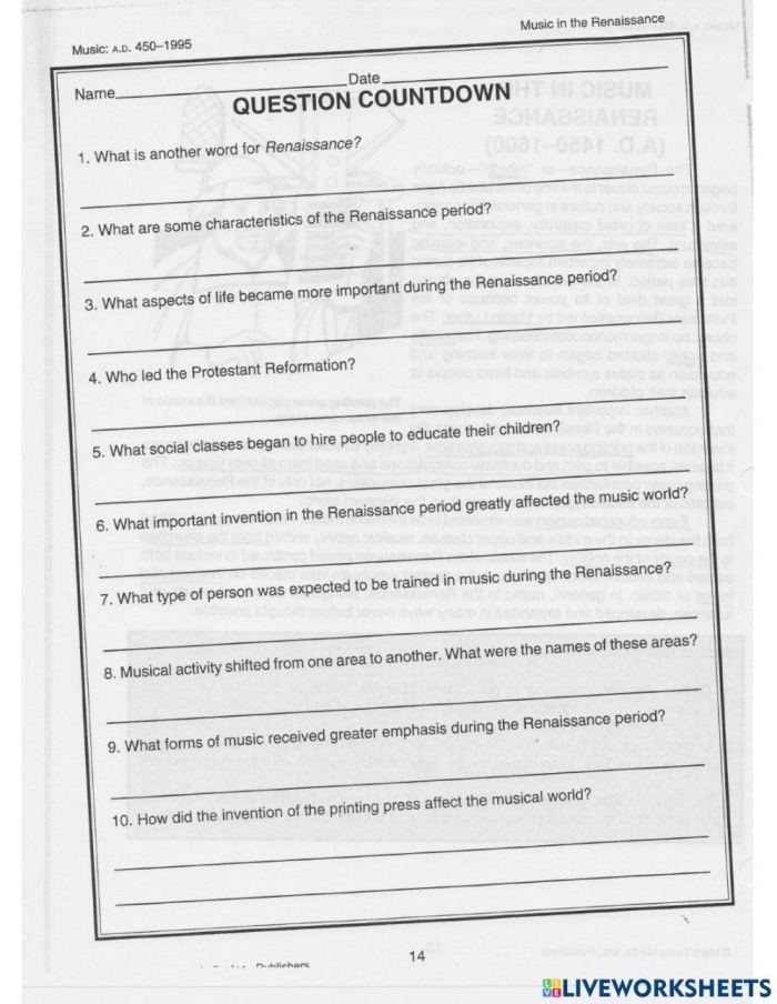 Students studying Italian Renaissance artists and famous paintings from the 15th and 16th centuries in a social studies worksheet activity