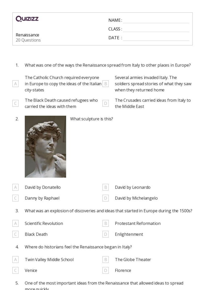 Sixth grade students studying famous Italian Renaissance painters and their masterpieces on an educational worksheet