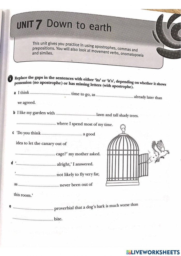 A fill-in-the-blank worksheet for third graders to practice the homophones its and it's