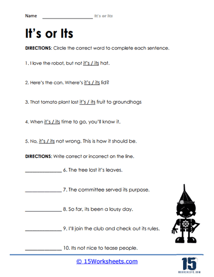 Worksheet for kids to practice homophones focusing on its and it's with fill-in-the-blank activities