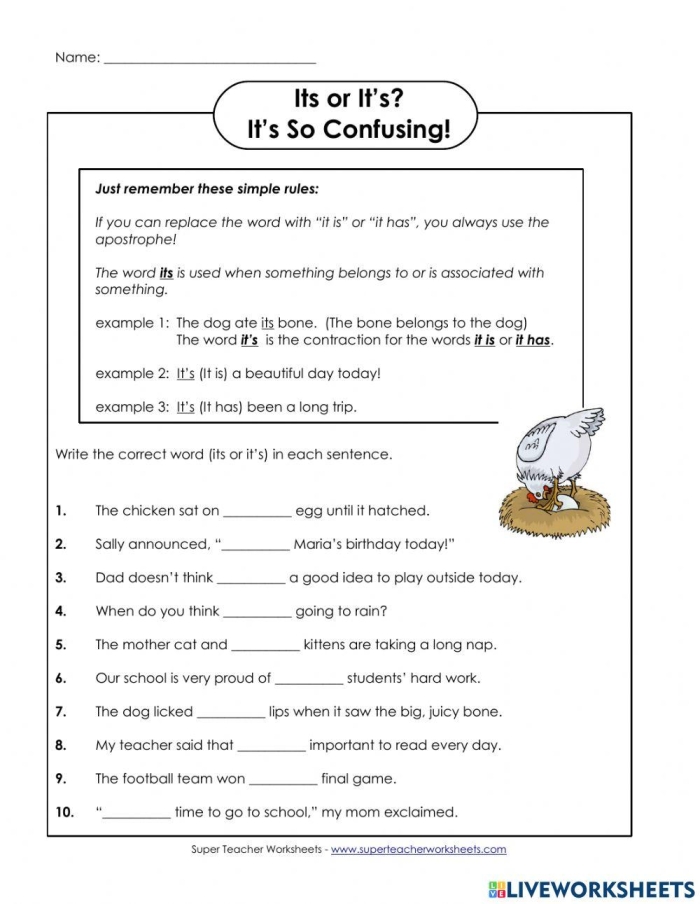 Third grade geography worksheet focusing on the difference between its and it's with eight practice sentences