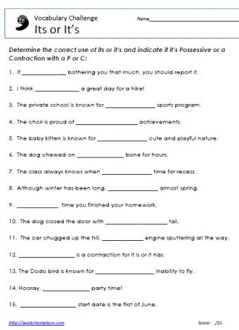 Third grade grammar worksheet about choosing between its and it's for geography sentences