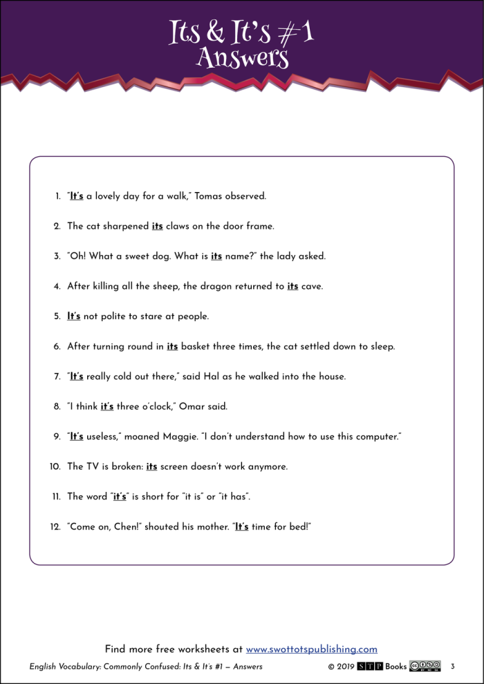 Worksheet for third graders to practice "its" and "it's" through sentence completion