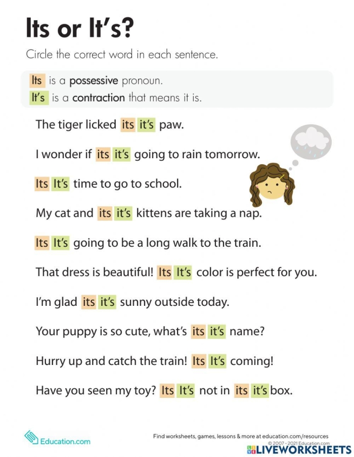 Third grade geography worksheet focusing on the difference between its and it's with eight practice sentences