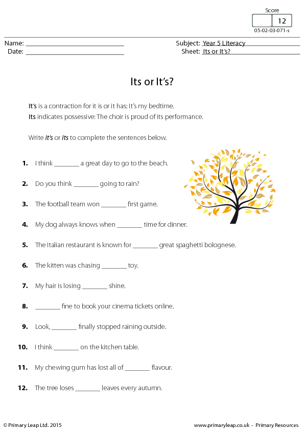 Worksheet for third graders on the difference between "its" and "it's" with sentence completion exercises