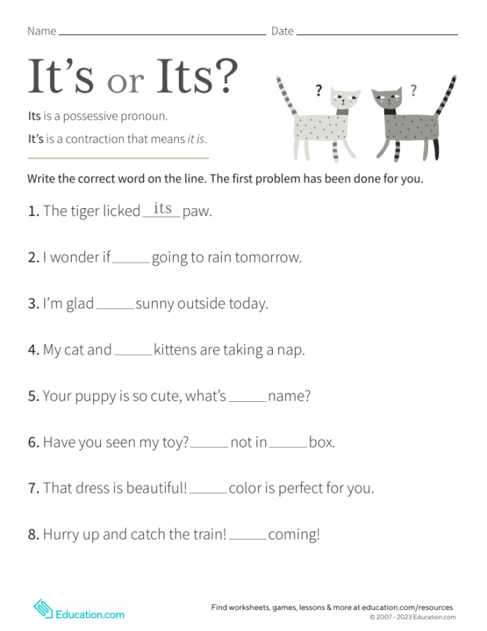 Worksheet for practicing the use of "its" and "it's" in sentences for third graders