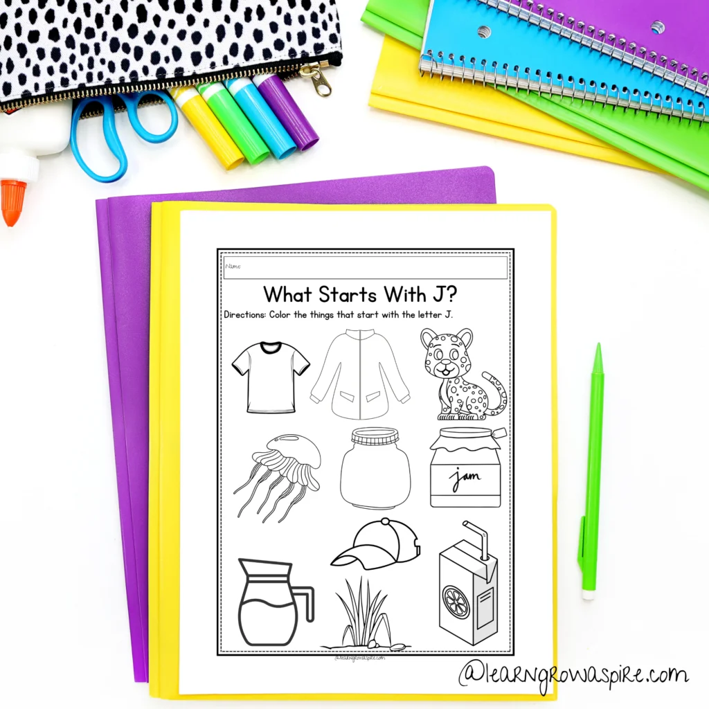 Worksheet featuring items that start with the letter J for Pre-K learners