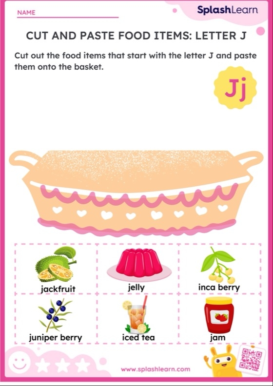 Preschool student activity sheet featuring various illustrations for identifying words that begin with the letter J
