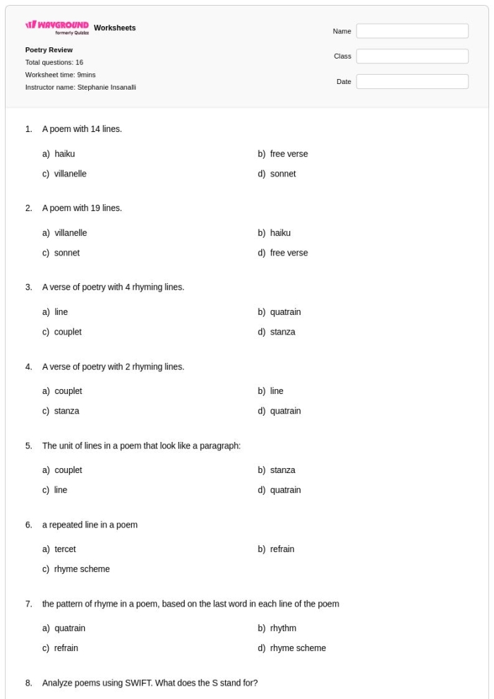 Worksheet for analyzing the poem "Jabberwocky" by Lewis Carroll for seventh-grade students