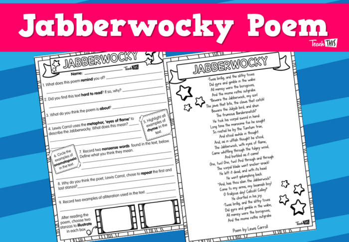 Analyzing Poetry worksheet featuring Lewis Carroll's "Jabberwocky" for seventh graders